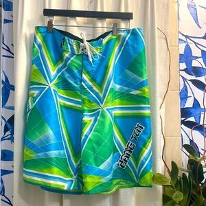 Men’s Blue Green and Yellow Hang Ten Board Shorts with Side Pocket Size 38